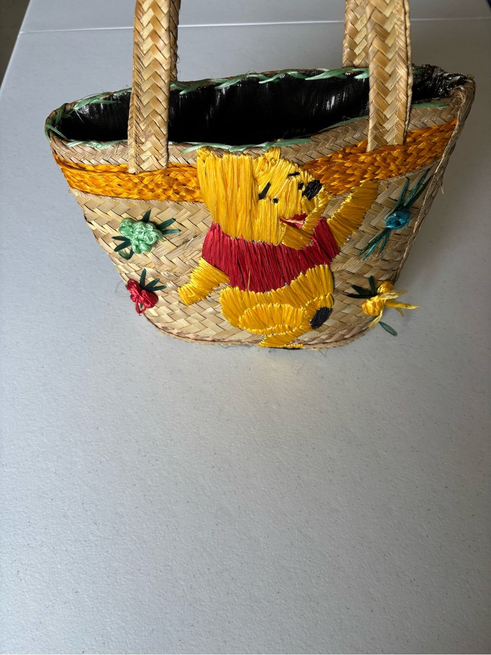 Handwoven Straw Tote with Winnie the Pooh. - Picture 2 of 6